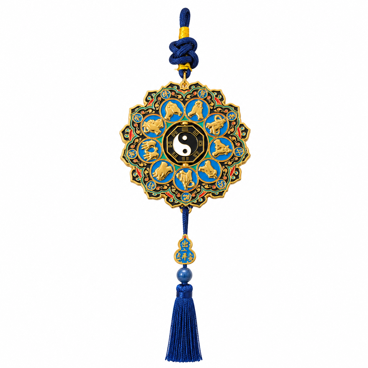 Bagua Nine-Character Mantra Car Hanging Protection Charm - Front View with Gold Detail