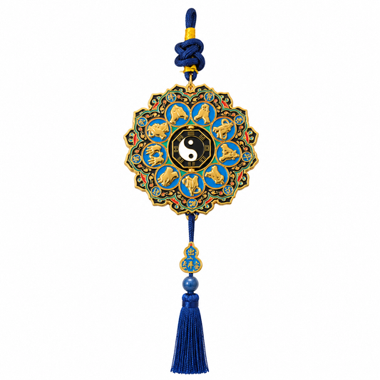 Bagua Nine-Character Mantra Car Hanging Protection Charm - Front View with Gold Detail